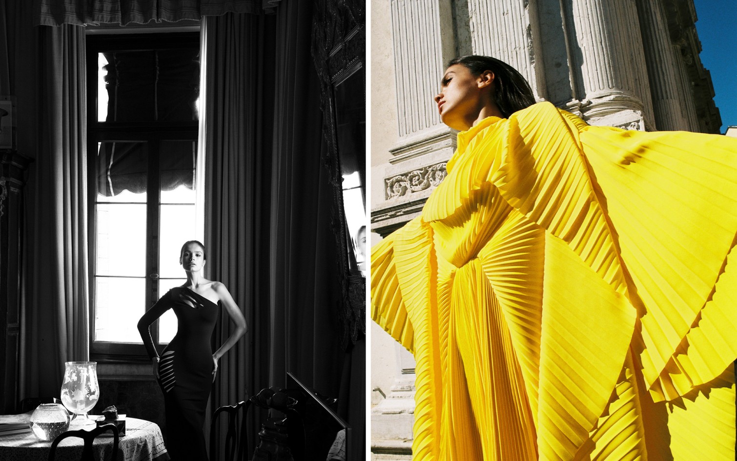 On Maria (left): TOM FORD Dress. On Maria (right): BALENCIAGA Dress.