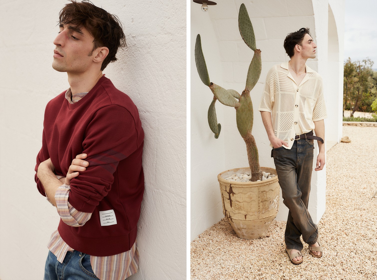 Der Mann auf der linken Seite trägt ein buntes, gestreiftes Hemd mit Knöpfen, einen roten Pullover darüber und blaue Jeans. Der Mann auf der rechten Seite steht mit einem cremefarbenen Strickhemd mit Knöpfen, dunkel gewaschenen Jeans und sandfarbenen Birkenstock-Sandalen vor einem Kaktus.