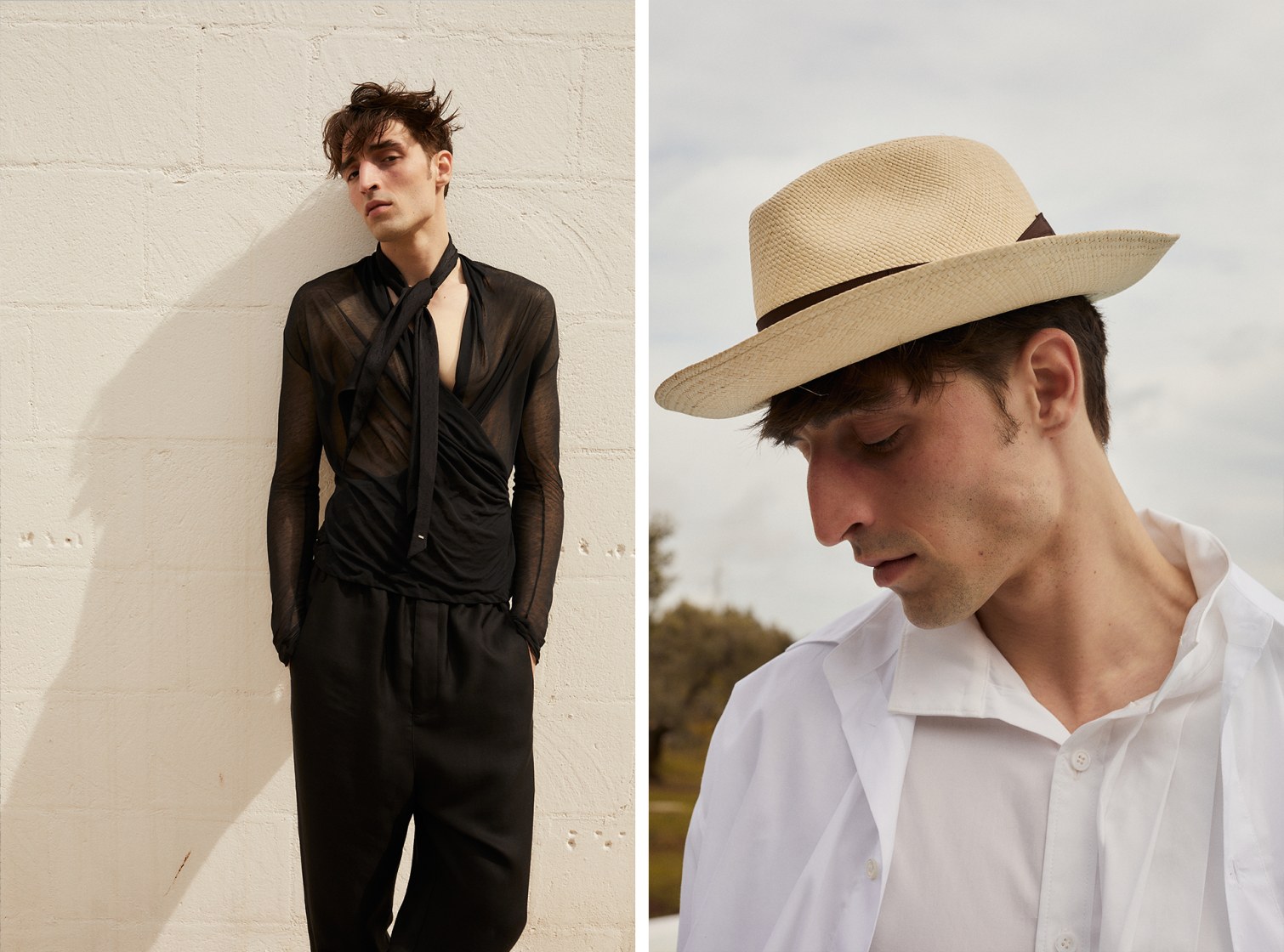Auf der linken Seite: Mann trägt eine schwarze, durchsichtige Bluse mit schwarzer Hose. Rechts: Mann mit Fedora, weißem Hemd mit Knöpfen und leichter Jacke.
