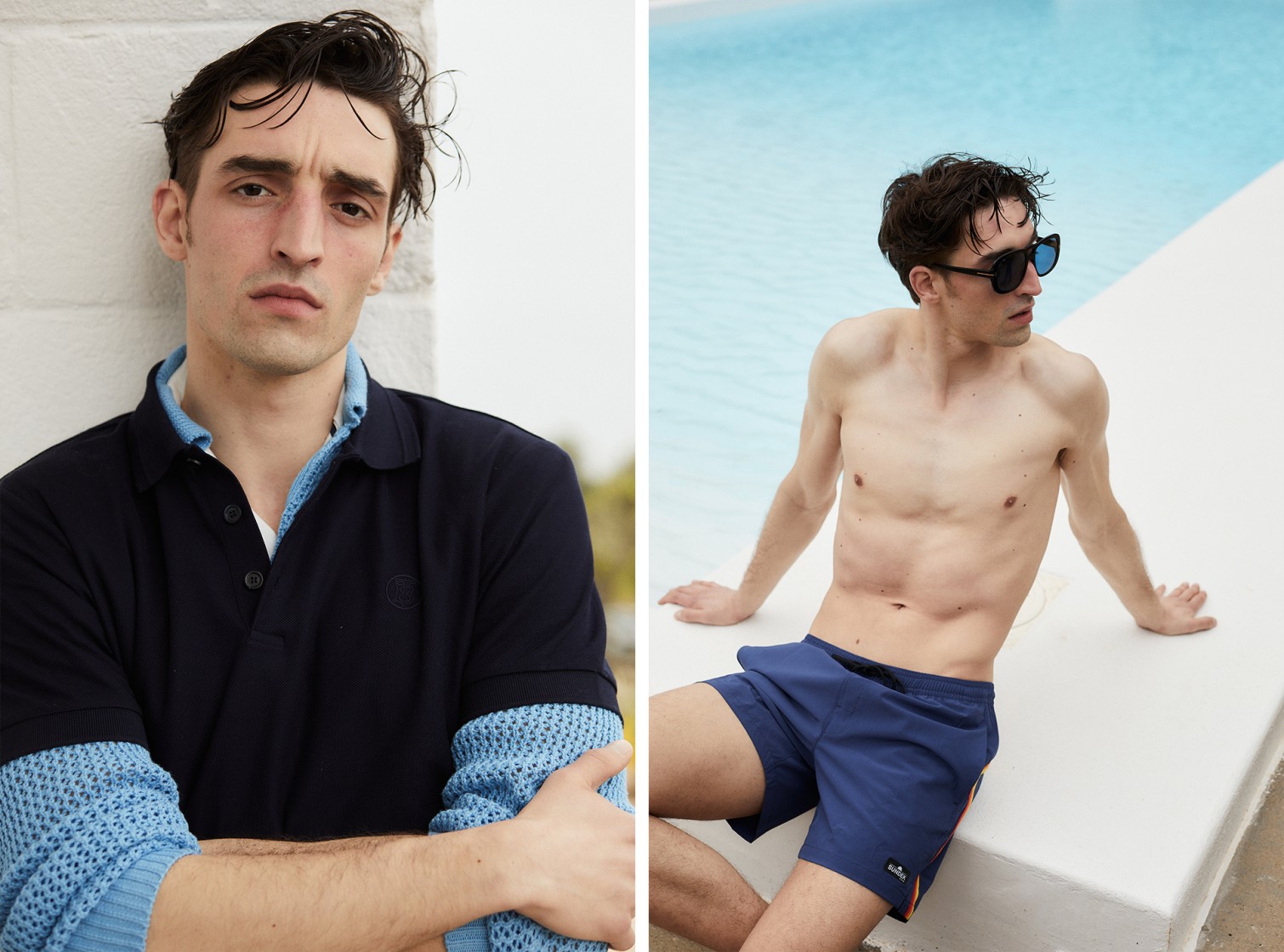 Mann auf der linken Seite trägt einen blauen Strickpullover mit dunklem Polo darüber und blau bedruckte Badeshorts. Der Mann rechts sitzt in marineblauen Badeshorts am Pool.