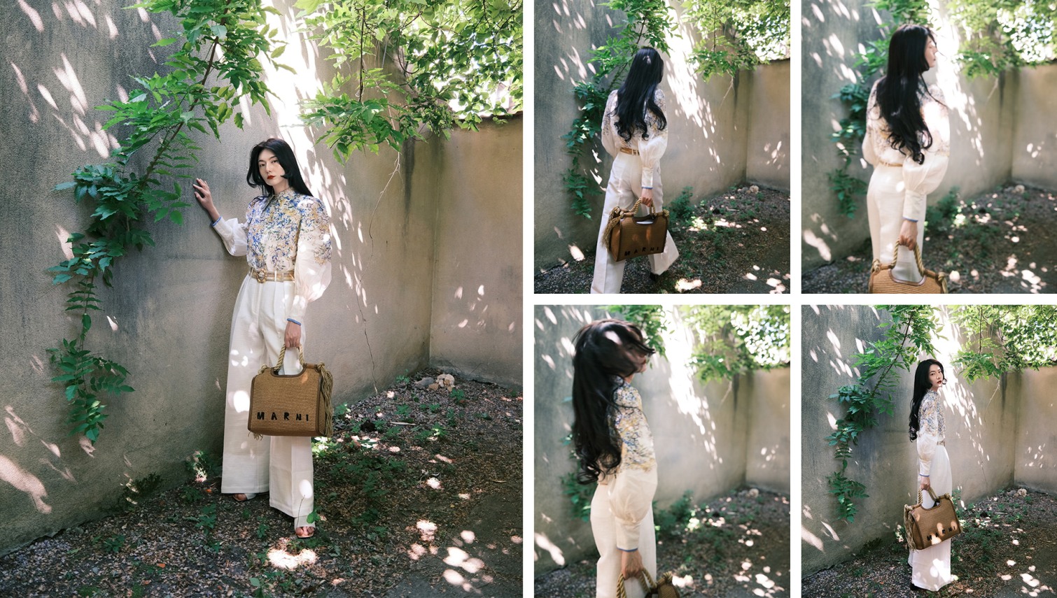 Yuanyi Zhang in a garden wearing looks from LVR