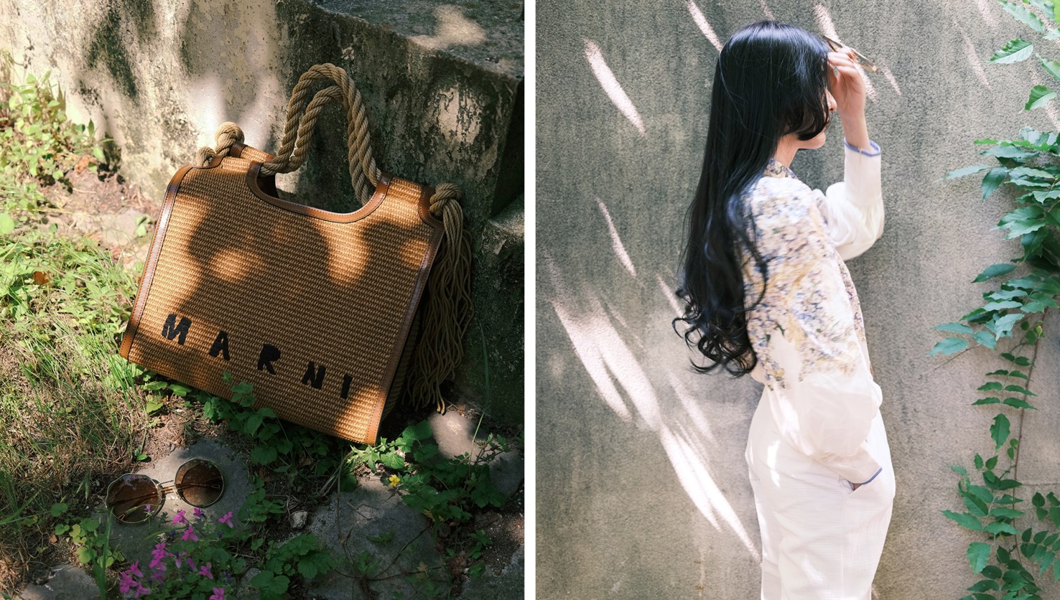 Yuanyi Zhang in a garden wearing looks from LVR.