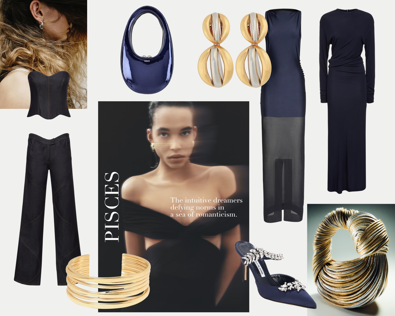 collage of gold earrings, navy and black dresses, and Bottega Veneta mini Jodie top handle bag in gold and silver