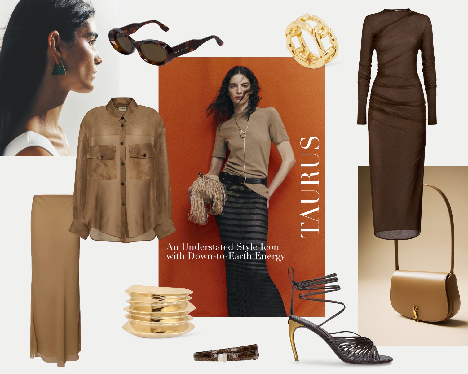 Khaite brown shirt and skirt set, Brown leather Ferragamo high heel sandal, Saint Laurent brown leather shoulder bag