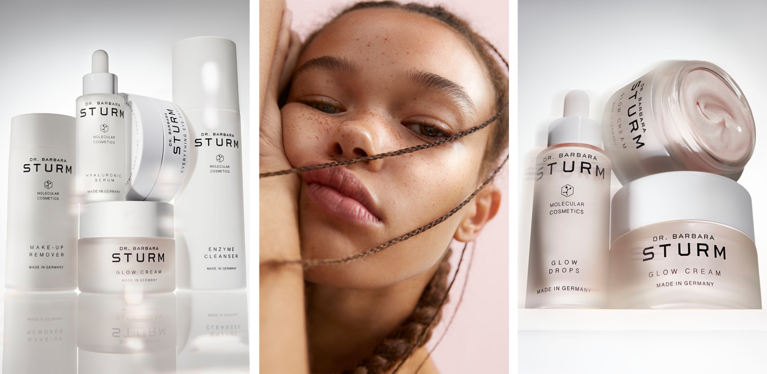 Dr Barbara Sturm make-up remover, glow cream, hylauronic serum, enzyme cleanser, glow drops, glow cream
