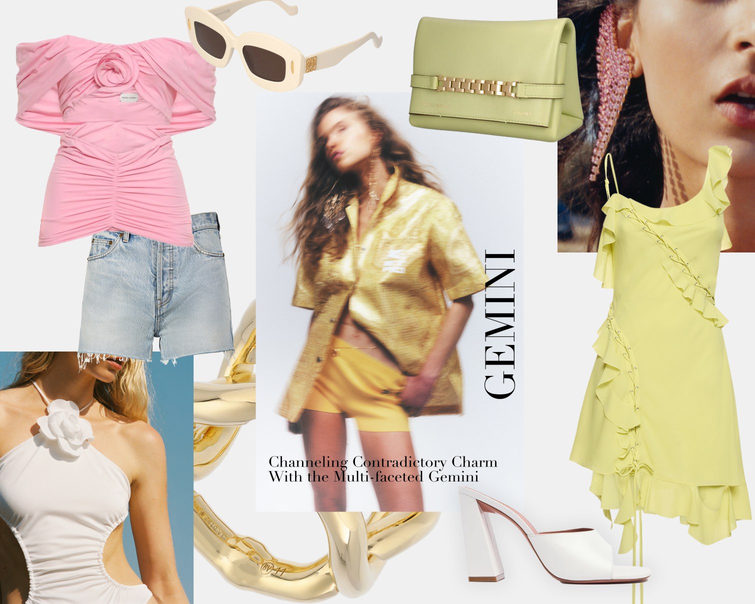 Madga Butrym draped off shoulder cutout top, white Loewe Chunky Anagram sunglasses, Acne Studios ruffled satin mini dress, Amina Muaddi white Lupita leather mules, Victora Beckham mini chain leather pouch, Saint Laurent slim fit cotton denim shorts