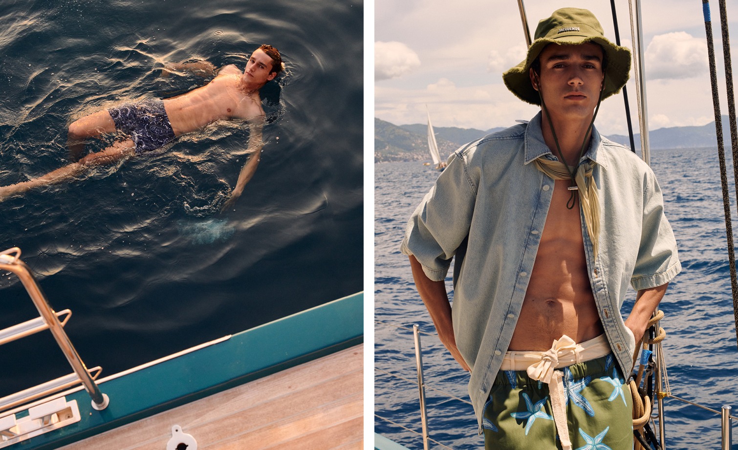 Printed swimsuit and denim shirt and Jacquemus hat