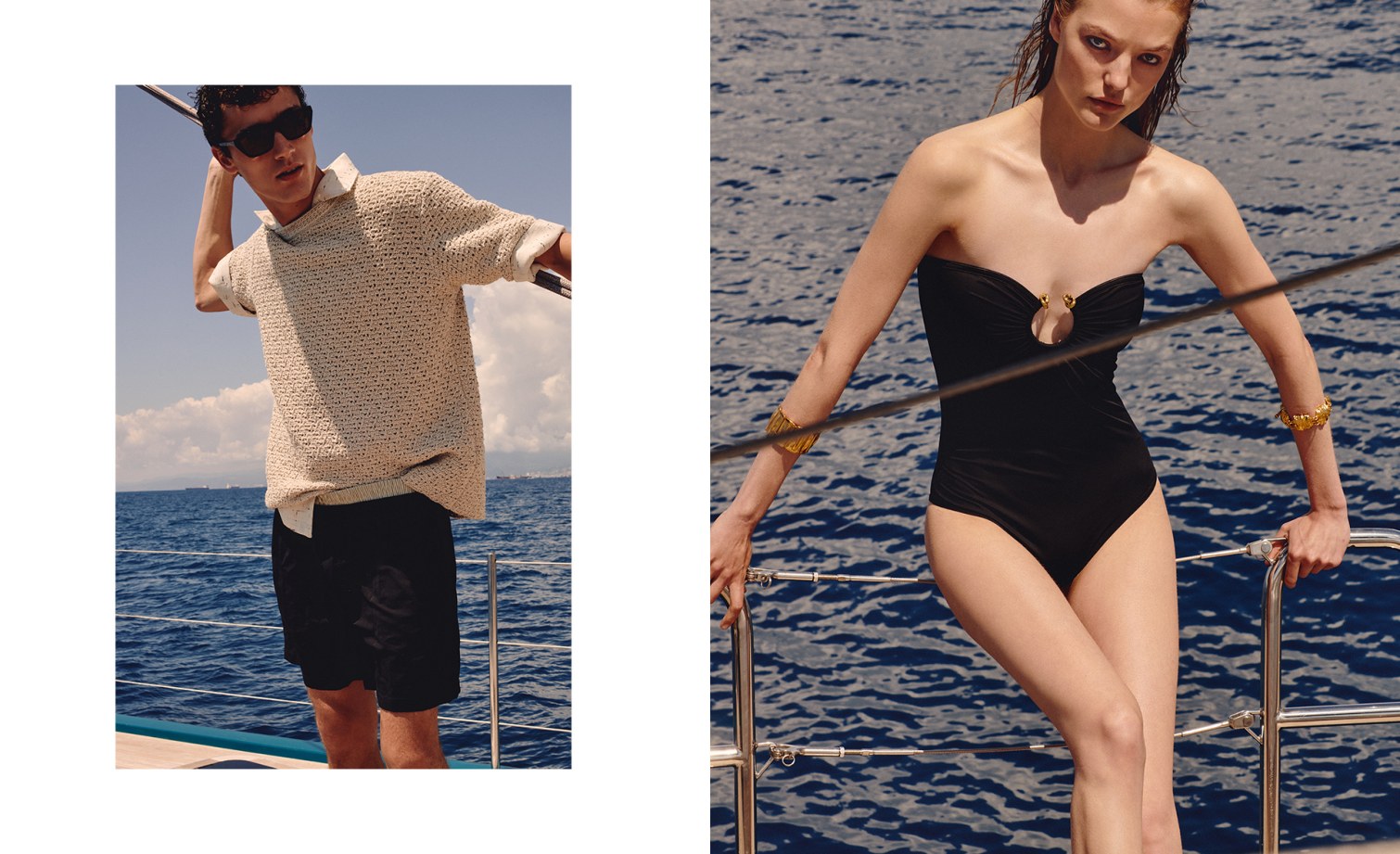 Black strapless one-piece swimsuit and knitted collar shirt