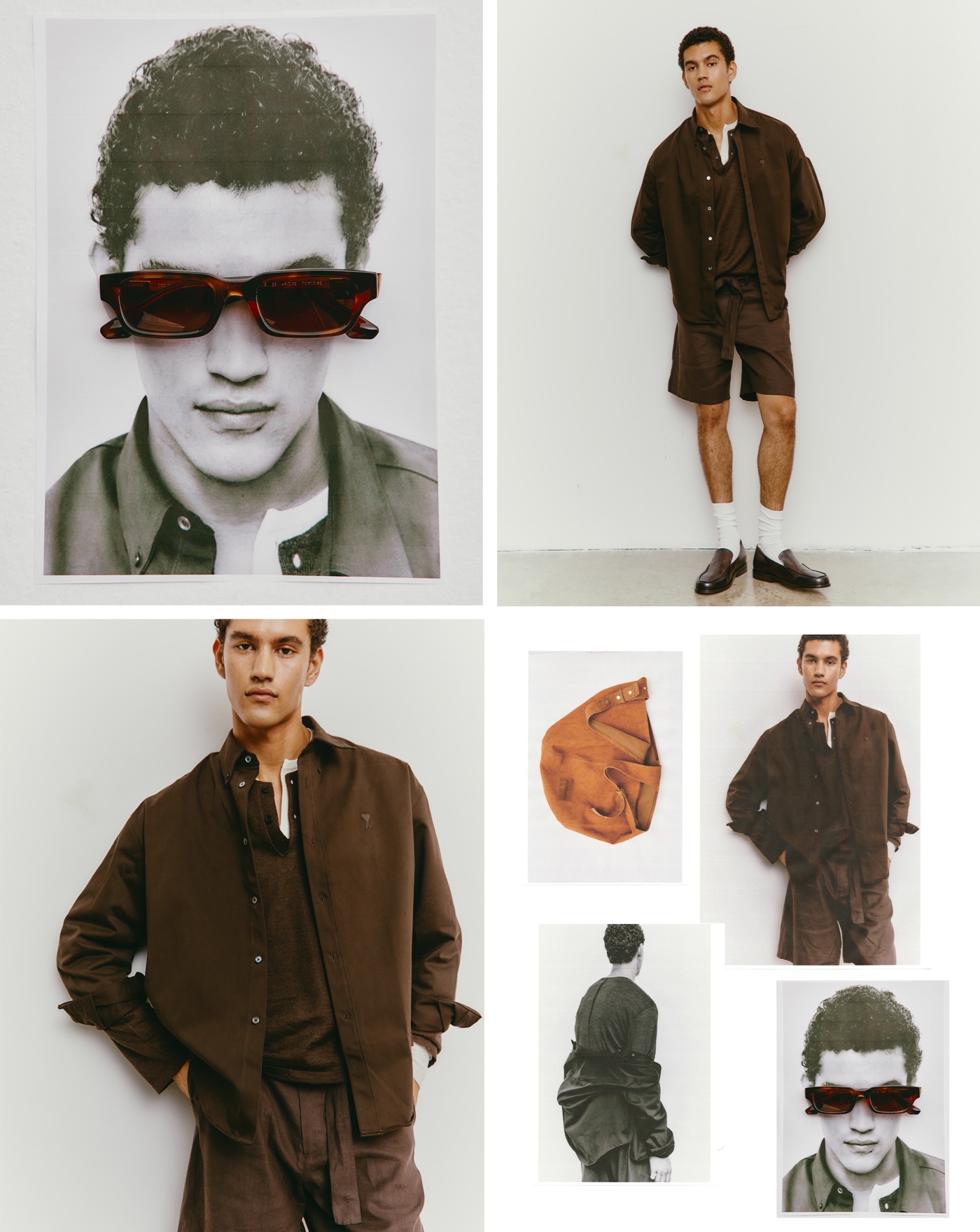 Chimi 10.3 squared acetate sunglasses, JW Anderson Maxi tote, The Row Ennio wool & silk long sleeve t-shirt, Auralee Henley wool & silk knit sweater, Ami Paris Adc cotton satin boxy fit shirt, Commas Tailored linen blend shorts, Marsell Mocasso leather loafers, Auralee Cotton & nylon high socks