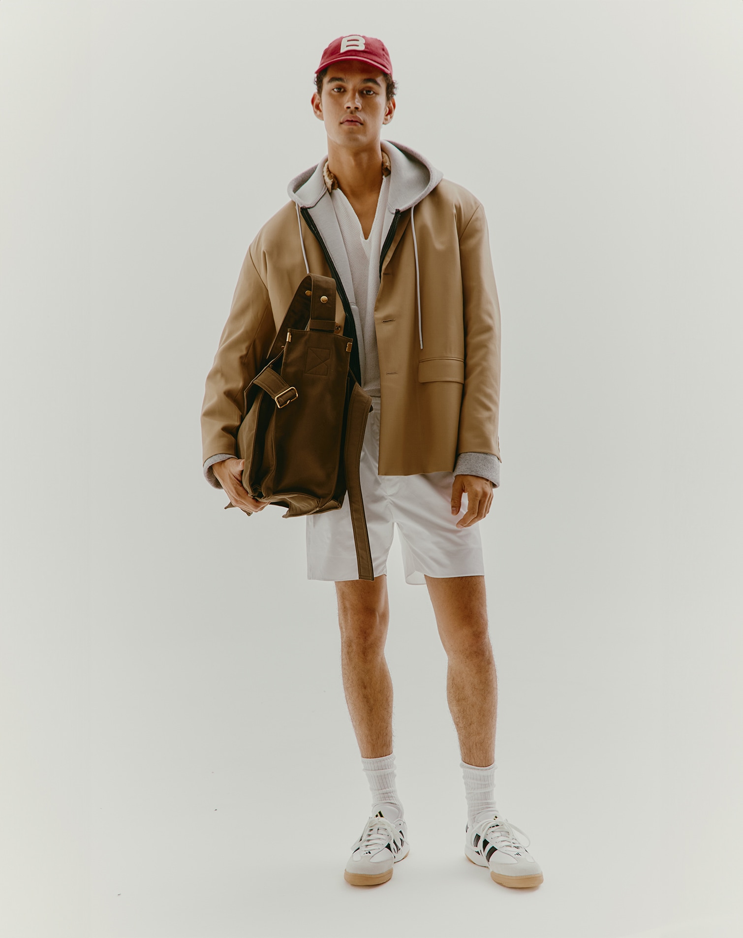 Commas Crochet collar polo, MGSM Bonded wool blend knit sweater, The Row Eligio single breast wool jacket, Auralee Wide cotton Oxford shorts, Auralee Cotton & nylon high socks, Bally Logo baseball hat, Adidas Original Samba MN sneakers, Burberyy Bogart canvas trench tote