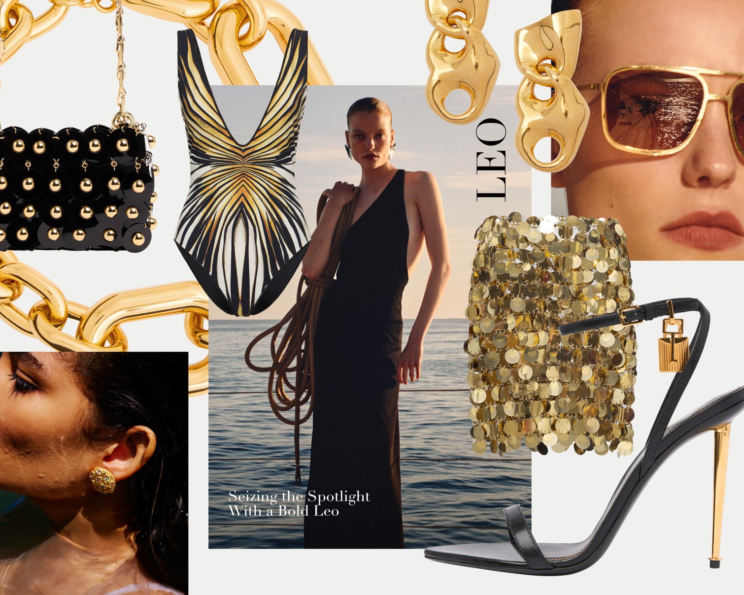 Roberto Cavalli Ray of Gold printed lycra swimsuit, Tom Ford Padlock leather sandals, Rabanne gold round sequined mesh mini skirt, Rabanne Sac à main Semi Sfera studs shoulder bag, Stella McCartney metal aviator sunglasses, Tom Ford Compact slinky viscose midi dress,