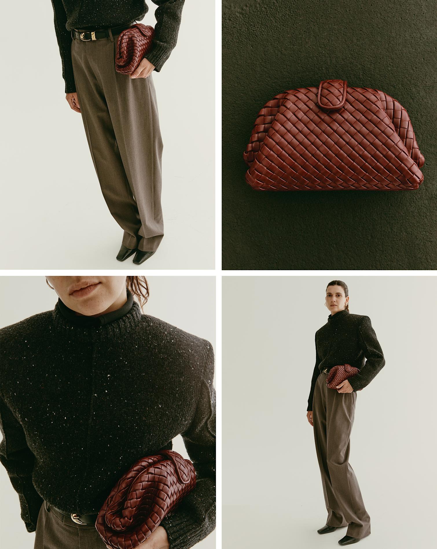 보테가 베네타 코디 룩: 테일러드 팬츠, 울 스웨터, 블랙벨트, 뮬, Lauren 1980 가죽 클러치