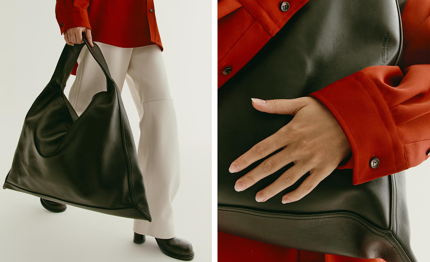 보테가 베네타 코디 룩: 가죽 팬츠, 살토리얼 울 트윌 셔츠, 라지 숄더백, Cliff 가죽 앵클 부츠