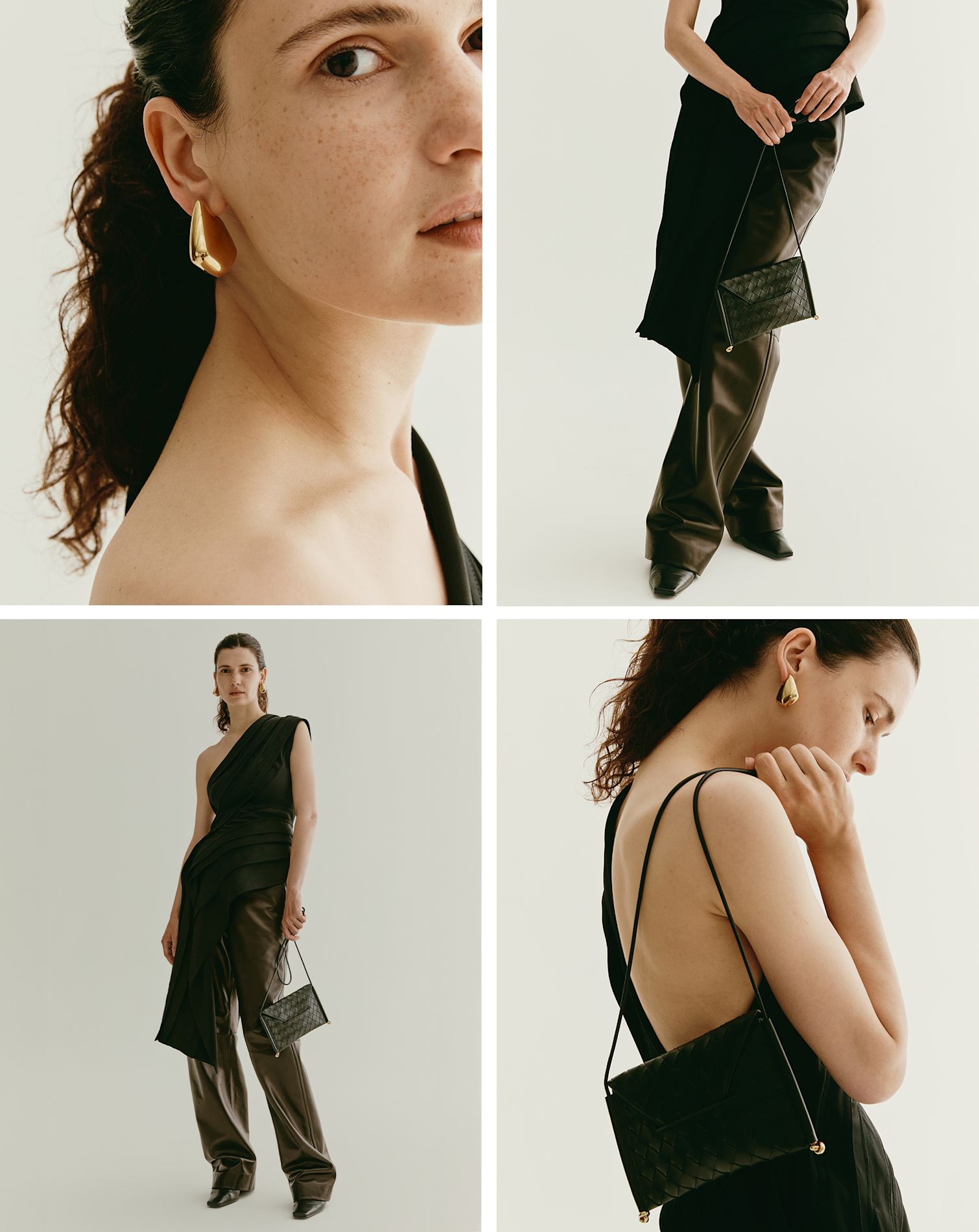 보테가 베네타 코디 룩: 롱 드레이프트 탑, 가죽 팬츠, 실버 귀걸이, 가죽 클러치, 뮬