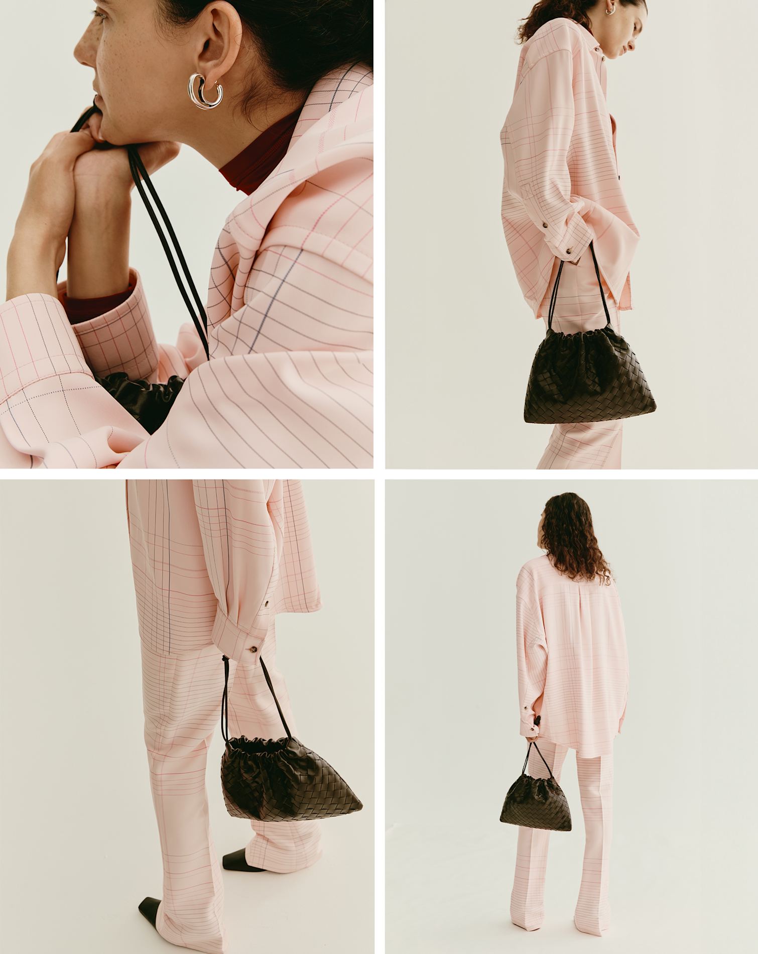 보테가 베네타 가죽 파우치, 플루이드 스트레치 비스코스 셔츠, 실버 귀걸이, Cha-Cha 비닐힐 뮬