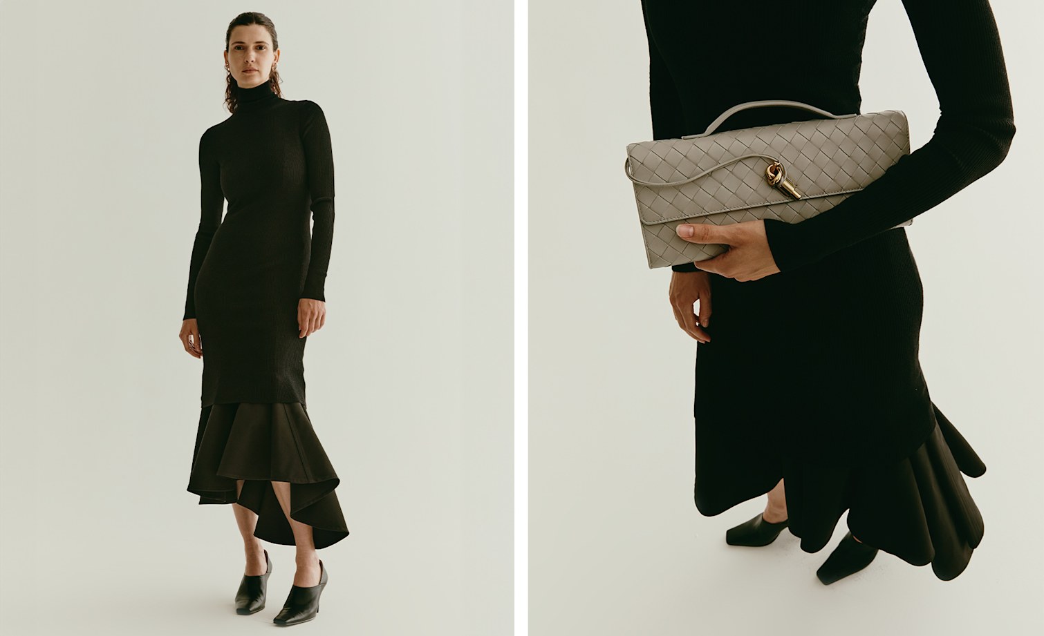 보테가 베네타 플루이드 비스코스 & 캔버스 드레스, 보테가 베네타 안디아모 가죽 클러치, 보테가 베네타 스티어링 실버 귀걸이, 보테가 베네타 100mm Cha-Cha 비닐힐 뮬