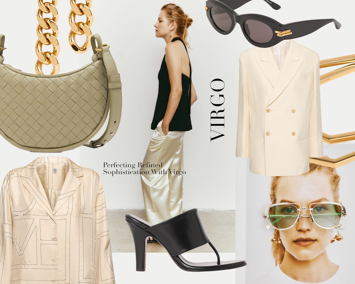 The Row Cosima wool & silk twill jacket, The Row 90mm Signum leather sandals, Jil Sander Chain pendant earrings, Bottega Veneta Gemelli Messenger leather cross-body bag, BV1322S Mitre acetate oval sunglasses, Toteme monogram cotton pajama shirt,