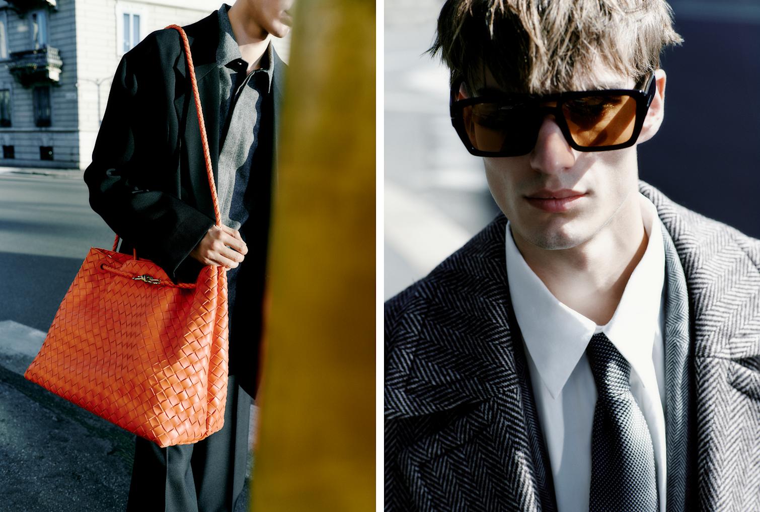 Das Model trägt eine große Andiamo-Einkaufstasche von Bottega Veneta in Orange und eine Sonnenbrille von Tom Ford.