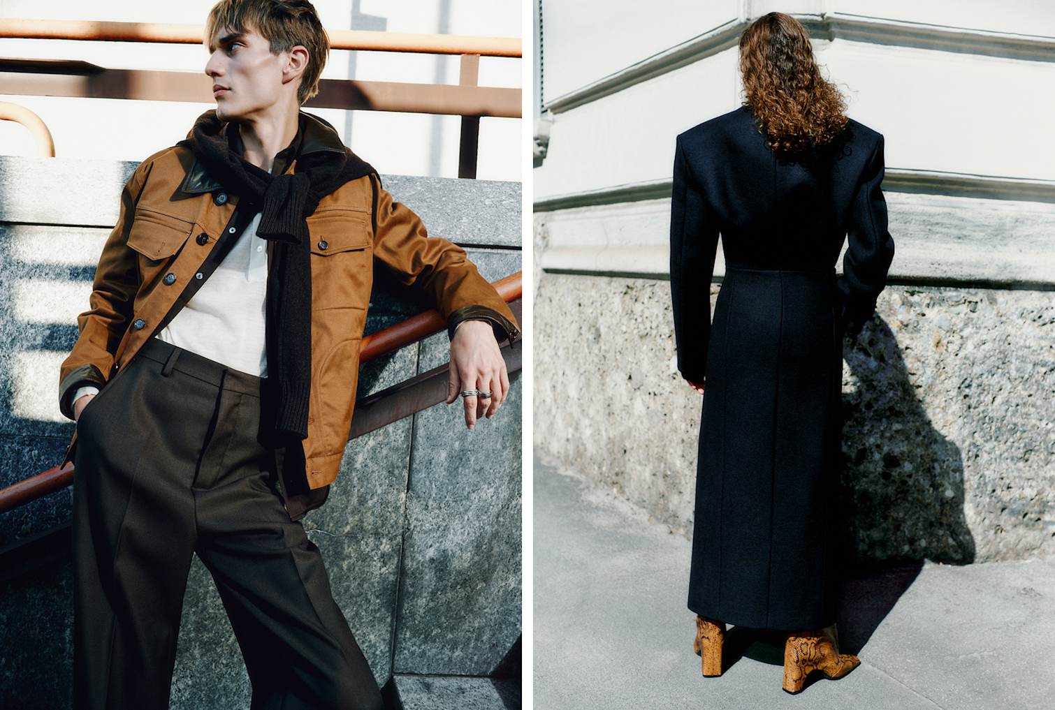 Modelfotos: Der Mann trägt eine Gabardine-Jacke von Dolce & Gabbana, ein weißes Henley und eine Hose. Die Frau trägt einen langen Mantel mit Stiefeln mit Schlangenmuster von Coperni.