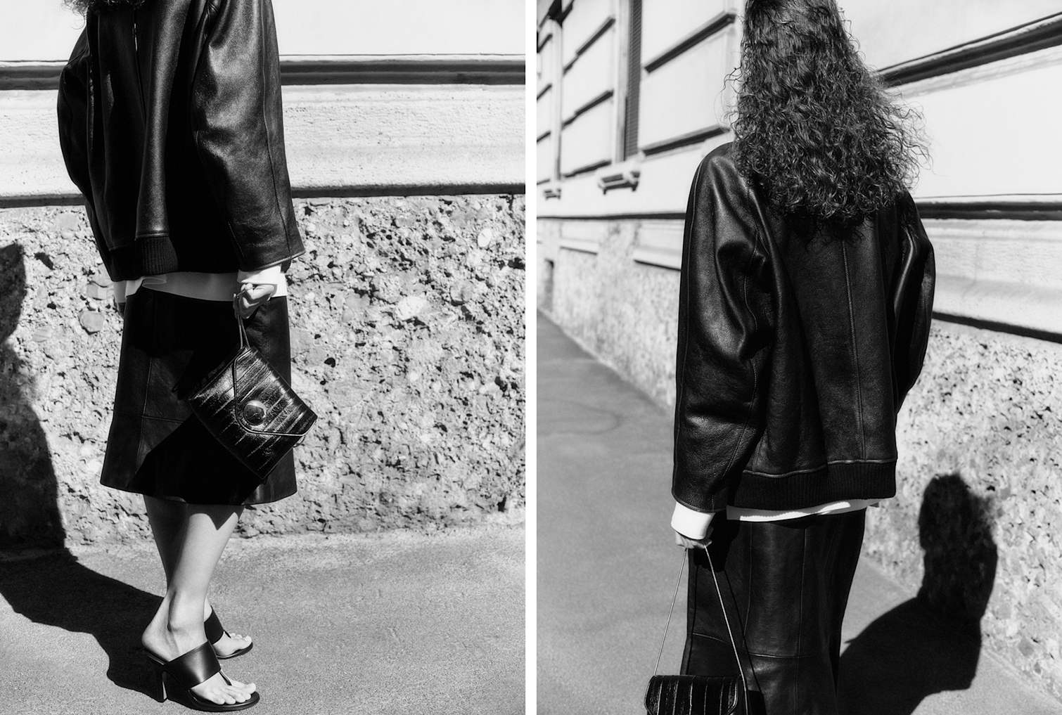 Das Model trägt eine Bomberjacke aus Leder von The Row, die Schultertasche Bobbi von Khaite, einen Midirock aus Leder und 90 mm hohe Ledersandalen von The Row.