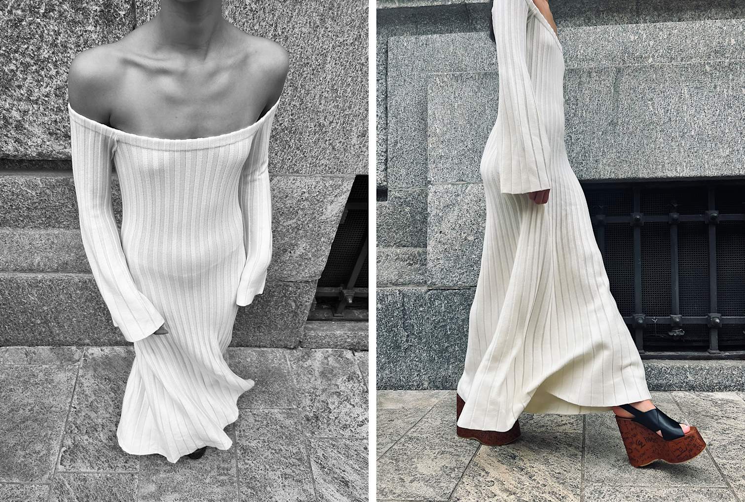 Das Model trägt ein Midikleid aus Rippenstrick aus Wollmischung von Gabriela Hearst Menil mit Keilabsatzsandalen von Chloé Maxime.