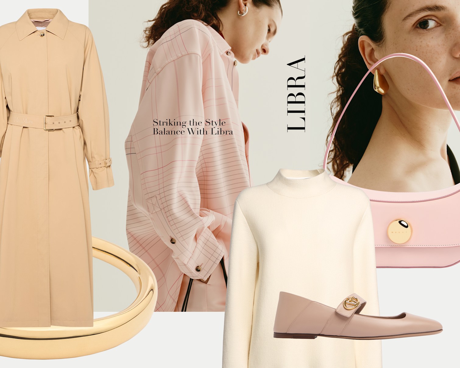 tan long trench coat, cream mock neck sweater, pale pink gucci ballerina flats, pink Toteme button up shirt and bubblegum pink shoulder bag with gold detail