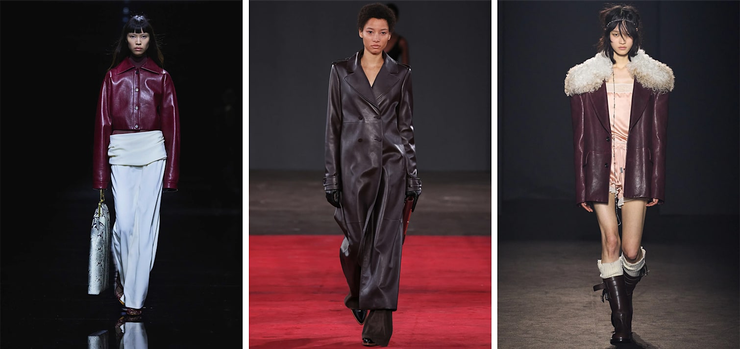 Drei Laufstegfotos: Models in Lederjacken, darunter die Jacke Sue von Khaite