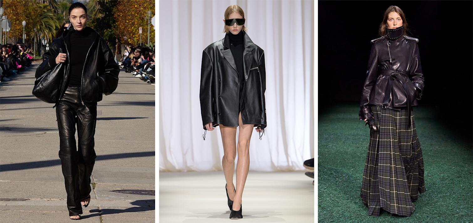 Drei Laufstegfotos: Models in Lederjacken