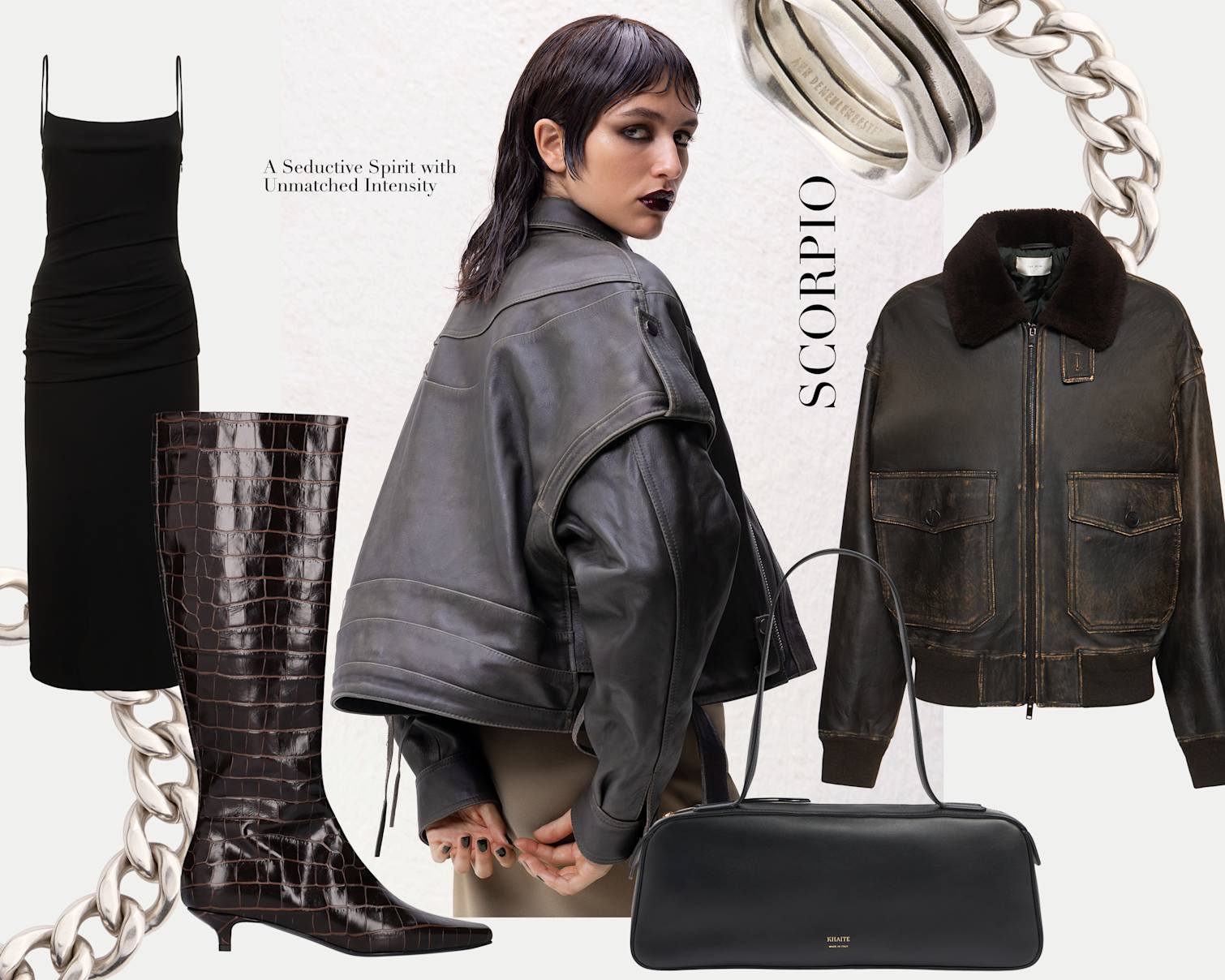 Deep brown leather bomber jackets, silver chain link jewelry, tall chocolate brown crocodile print leather boots, black form fitted dress, black leather east west bag