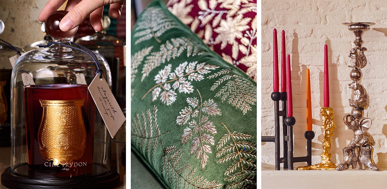 Collage of 3 photos: Candle from Trydon; Green pillow; Mix-and-match candle holders.