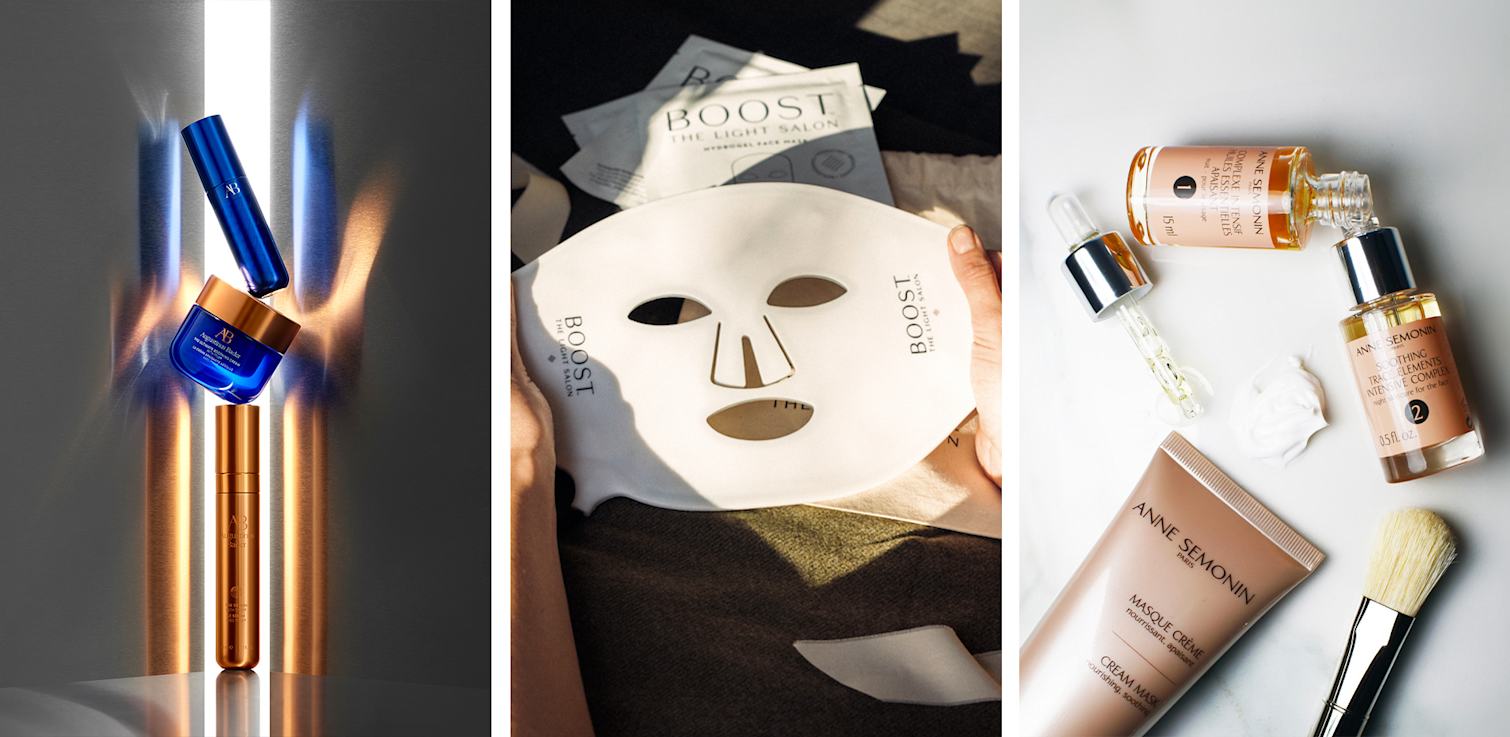 Collage of 3 images: Augustinus Bader products; Boost LED Mask; Anne Semonin products.