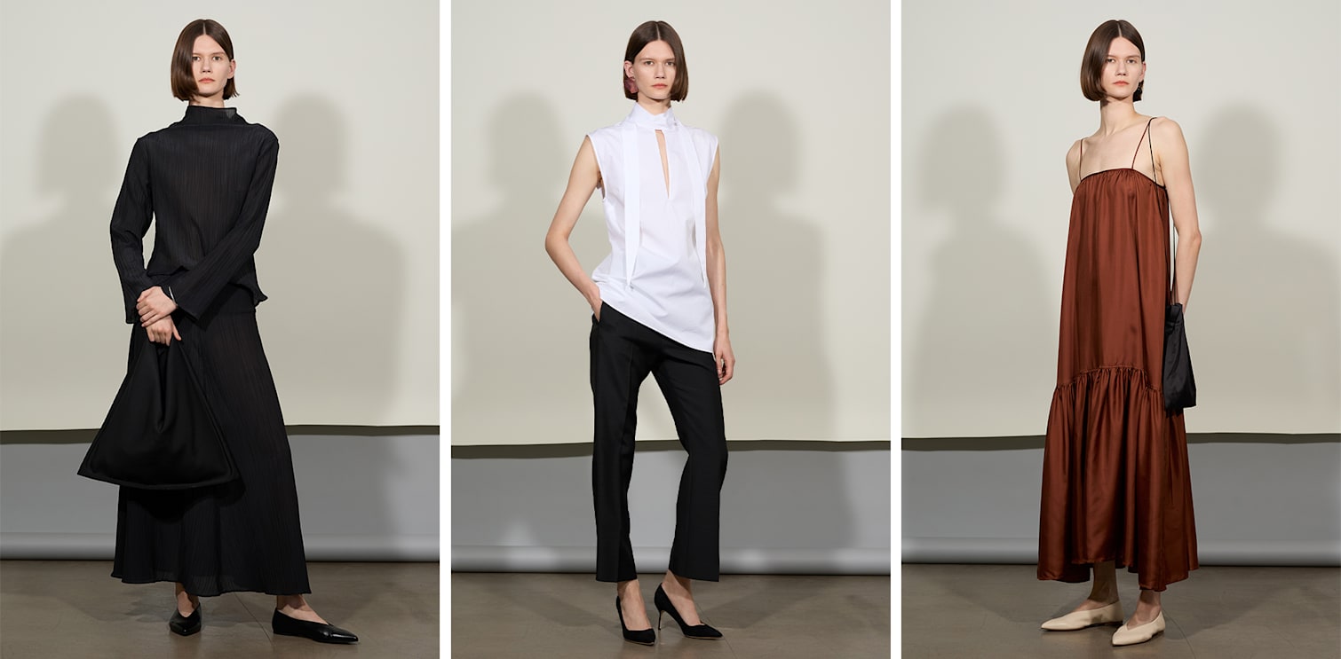 Models wear BITE Studios black Parchment textured organic longsleeve top & skirt, white Organic cotton scarf top & rust Giardino organic silk dress.