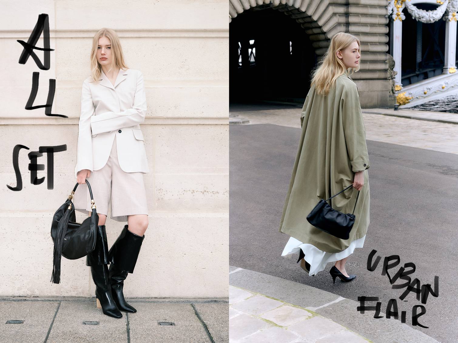 Girl walks in street with The Row Aralia trench coat, Victoria Beckham skirt, The Rowbag and The Row leather pumps.