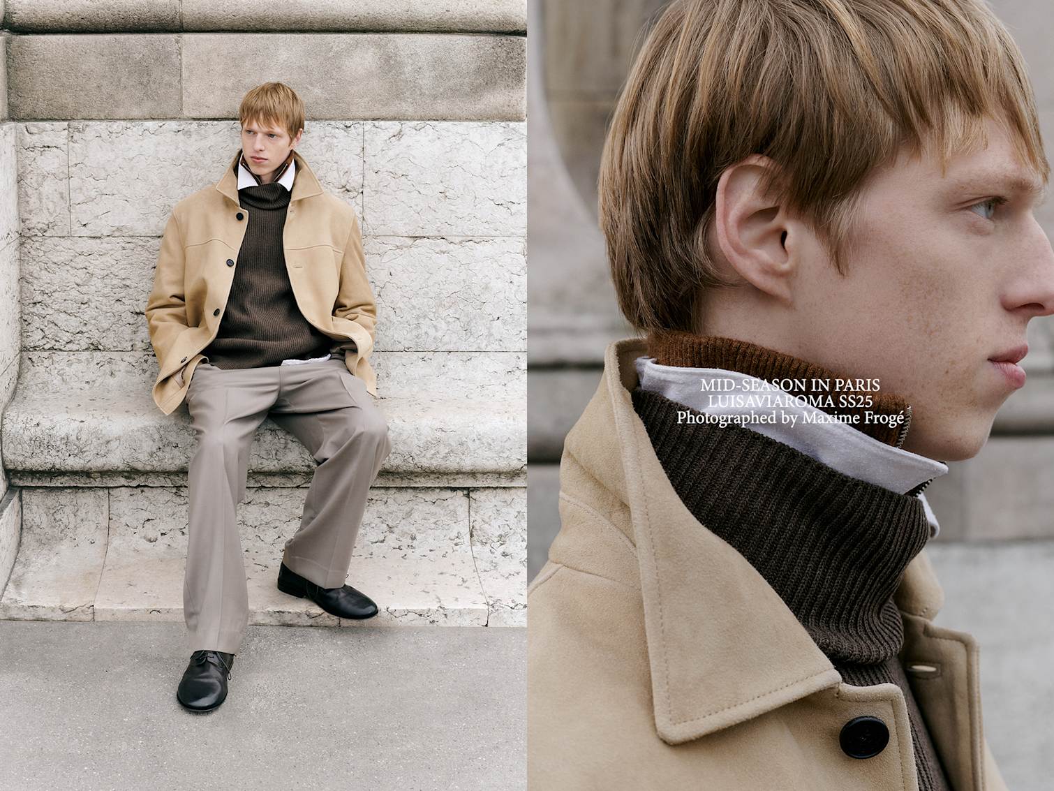 Man sitting on bench wearing neutral outfit.