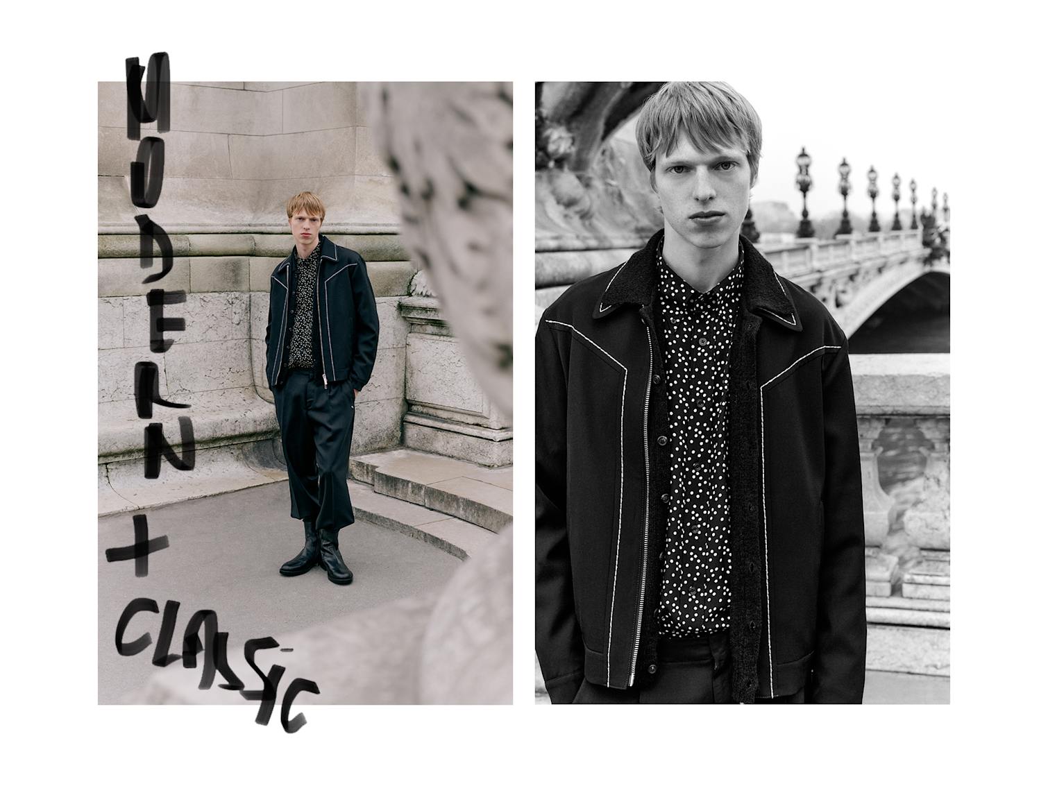 Man poses on bridge in Paris wearing Tom Ford shirt, Dsquared2 jacket, Our Legacy chino pants & Ann Demeuleemester boots.