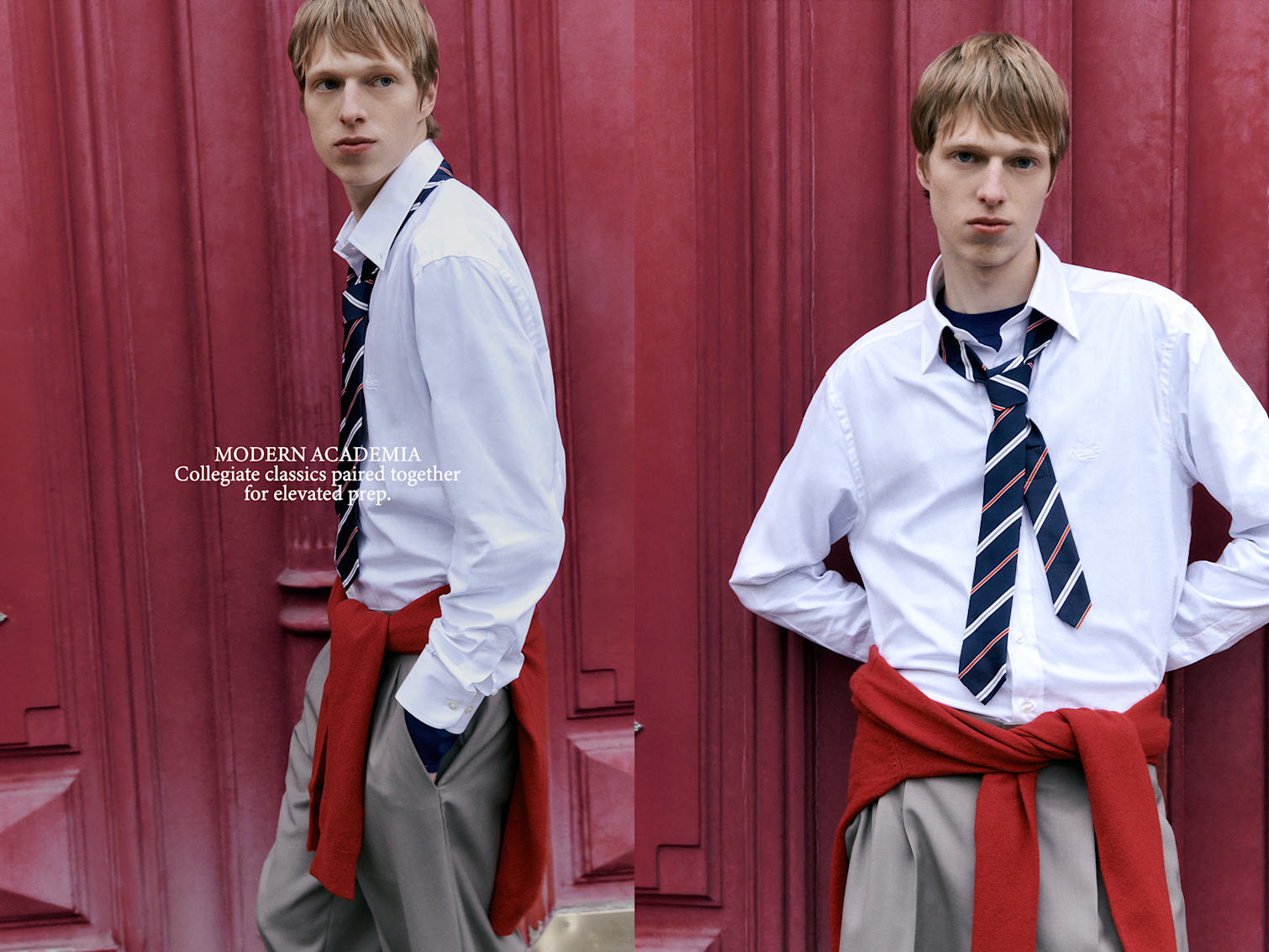 Man poses in front of red door wearing Dsquared2 sweater, Etro shirt, Extreme Cashmere, Thom Browne tie & Magliano wool pants.