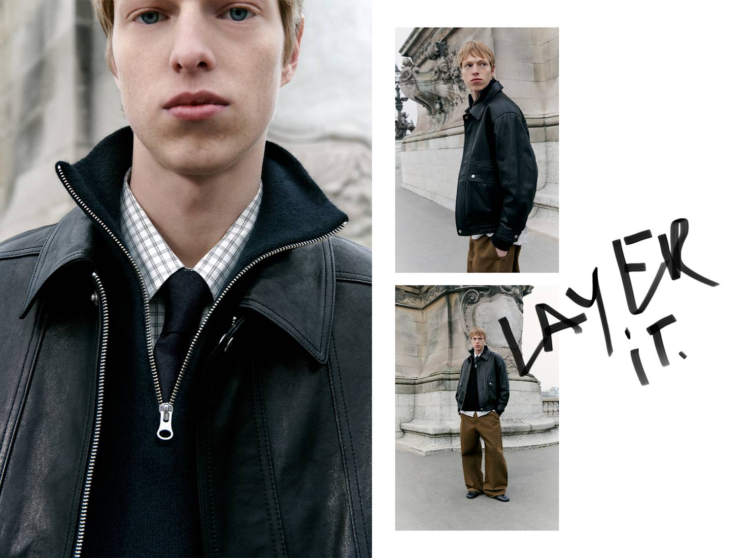 Man wears layered look with Sunflower shirt, Extreme Cashmere sweater amd Dunst leather jacket with Dolce & Gabbana silk tie.