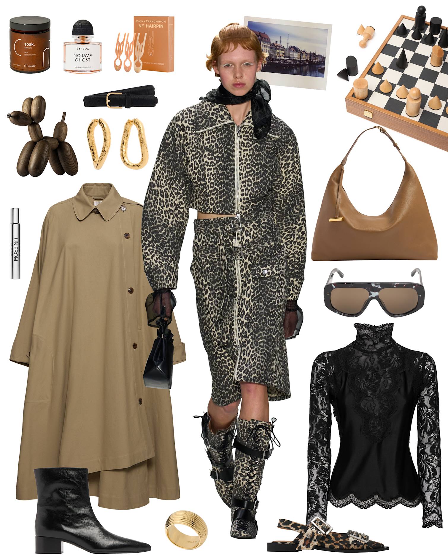 Modetrends im Scandi-Style: Stiefeletten, Top, Cape, Jacke mit Leo-Print und Wohndesign