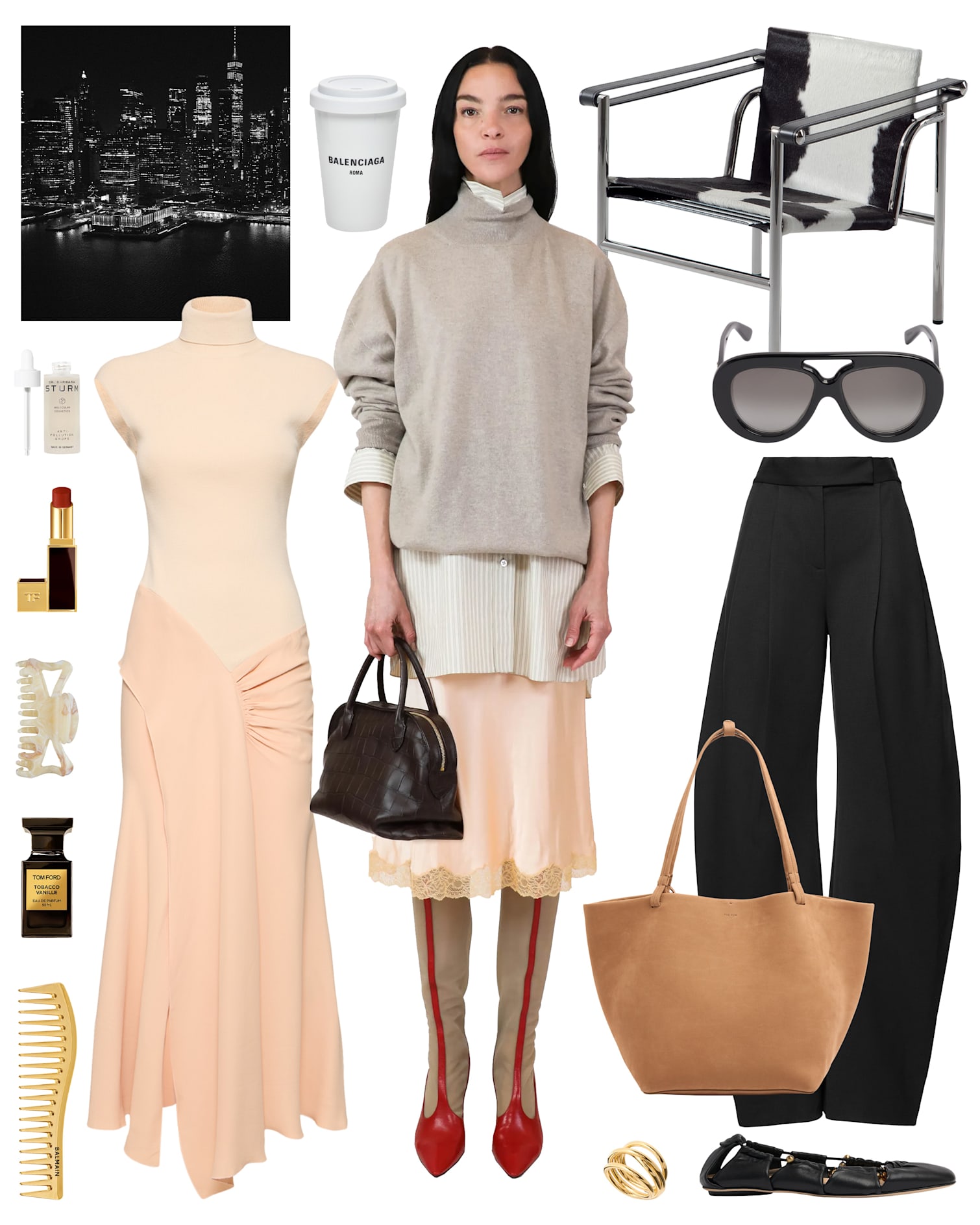 Frau in einem typischen New Yorker Outfit, umgeben von Produkten im New York-Style: Sonnenbrille, Goldschmuck, Designertasche, Lippenstift, Parfüm, Ballerinas und Kaffeetasse