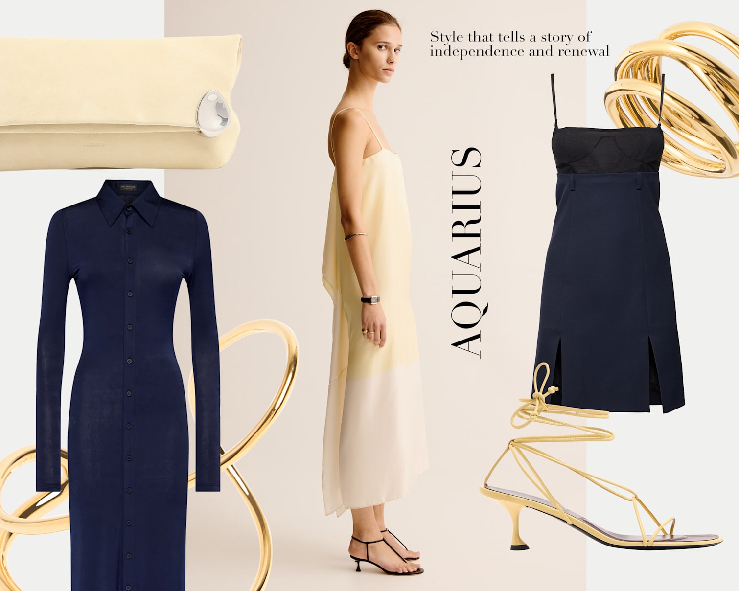 Clothing and accessories featuring butter yellow, navy and gold. Bangles, clutch bag, versatile dresses and strappy sandals.