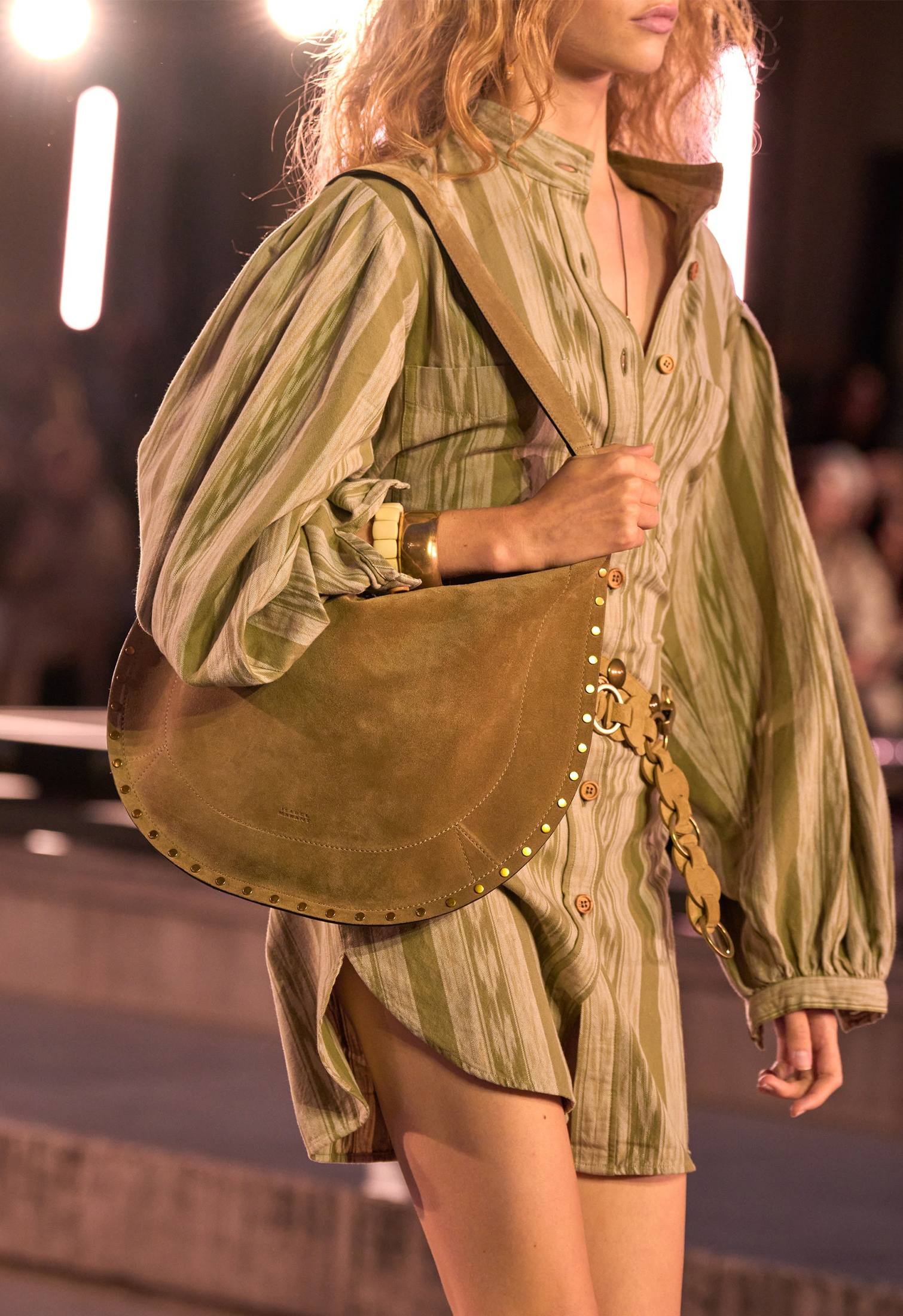 runway look with suede bag