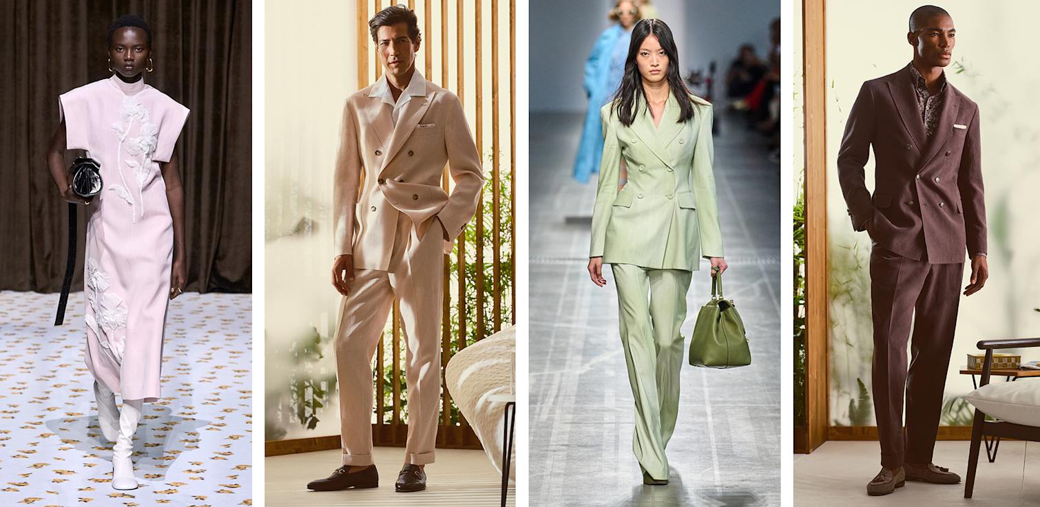 woman in pink dress, man in beige suit, woman in green suit, man in brown suit