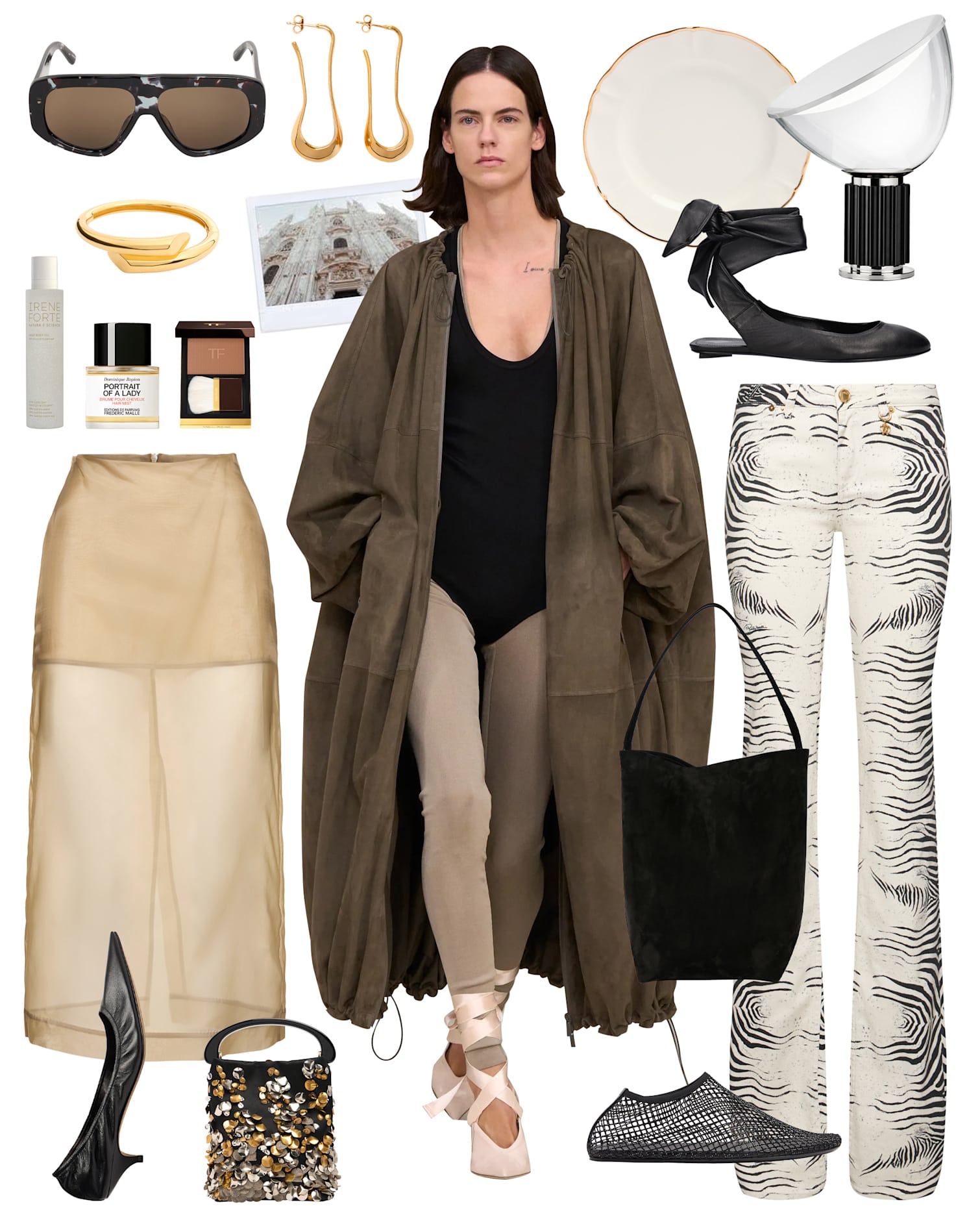 Weibliches Model im Outfit im Mailänder Stil, umgeben von passender Mode, Schmuck und Beauty-Produkten