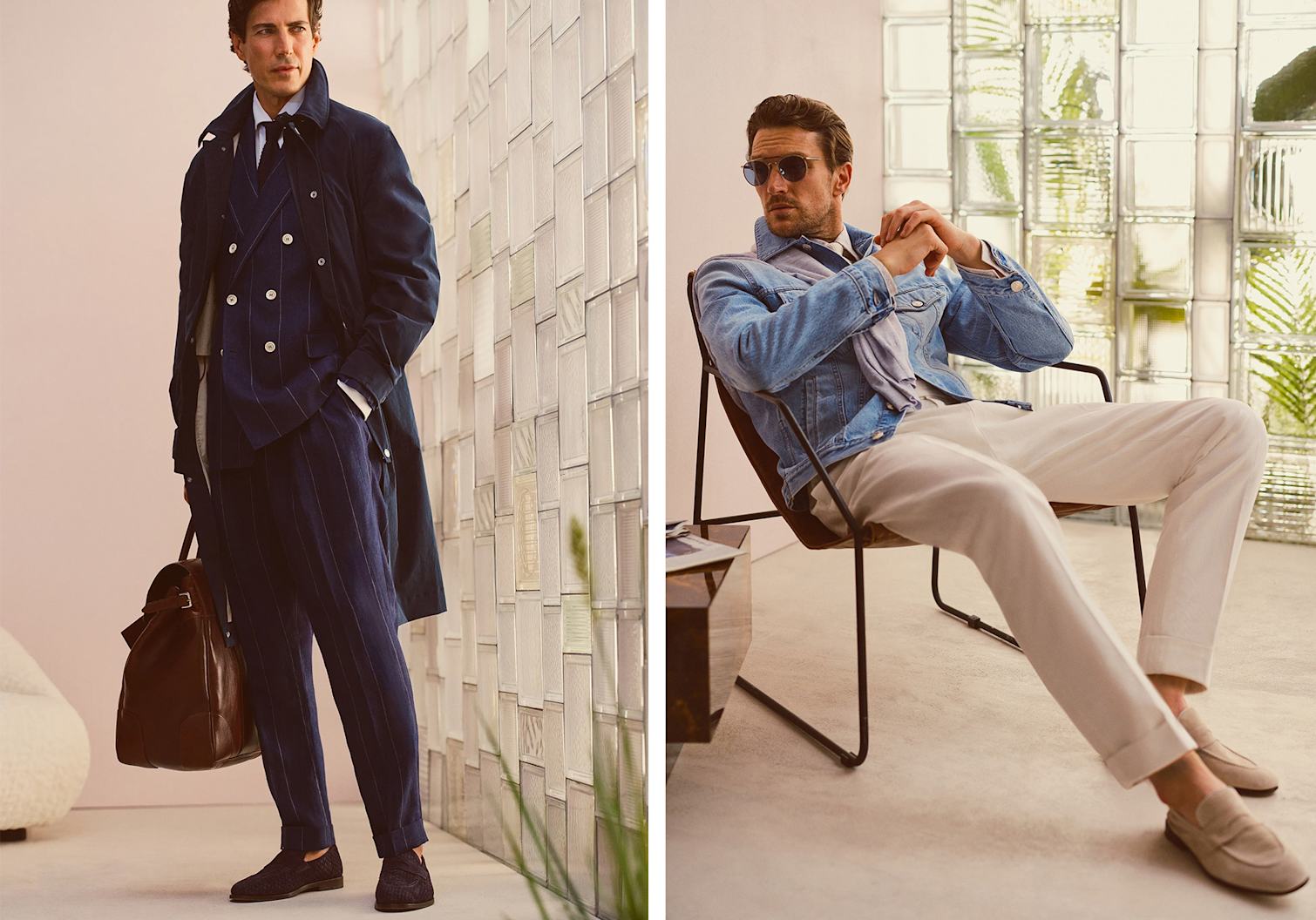 Two male models with Brunello Cucinelli looks and suede shoes