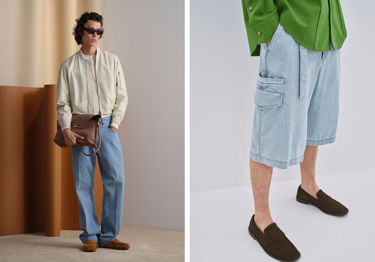 Two male models wearing a casual outfit with brown suede shoes