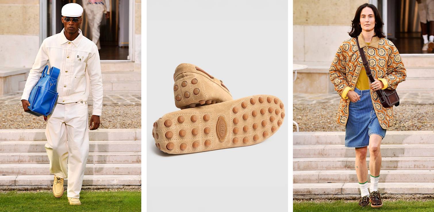 man in all white denim and boat shoes, Tod's classic Gommino loafers, casually dressed woman with boat shoes and socks