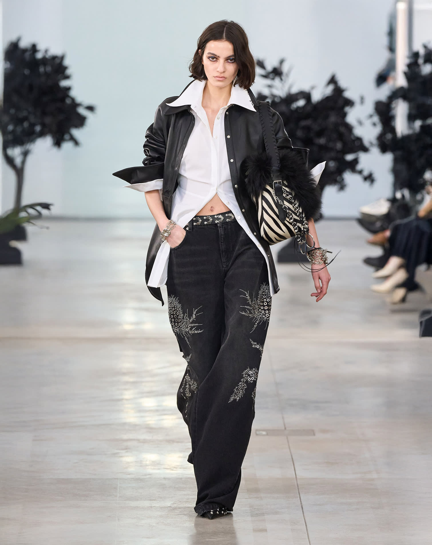 White button-up shirt with baggy pants