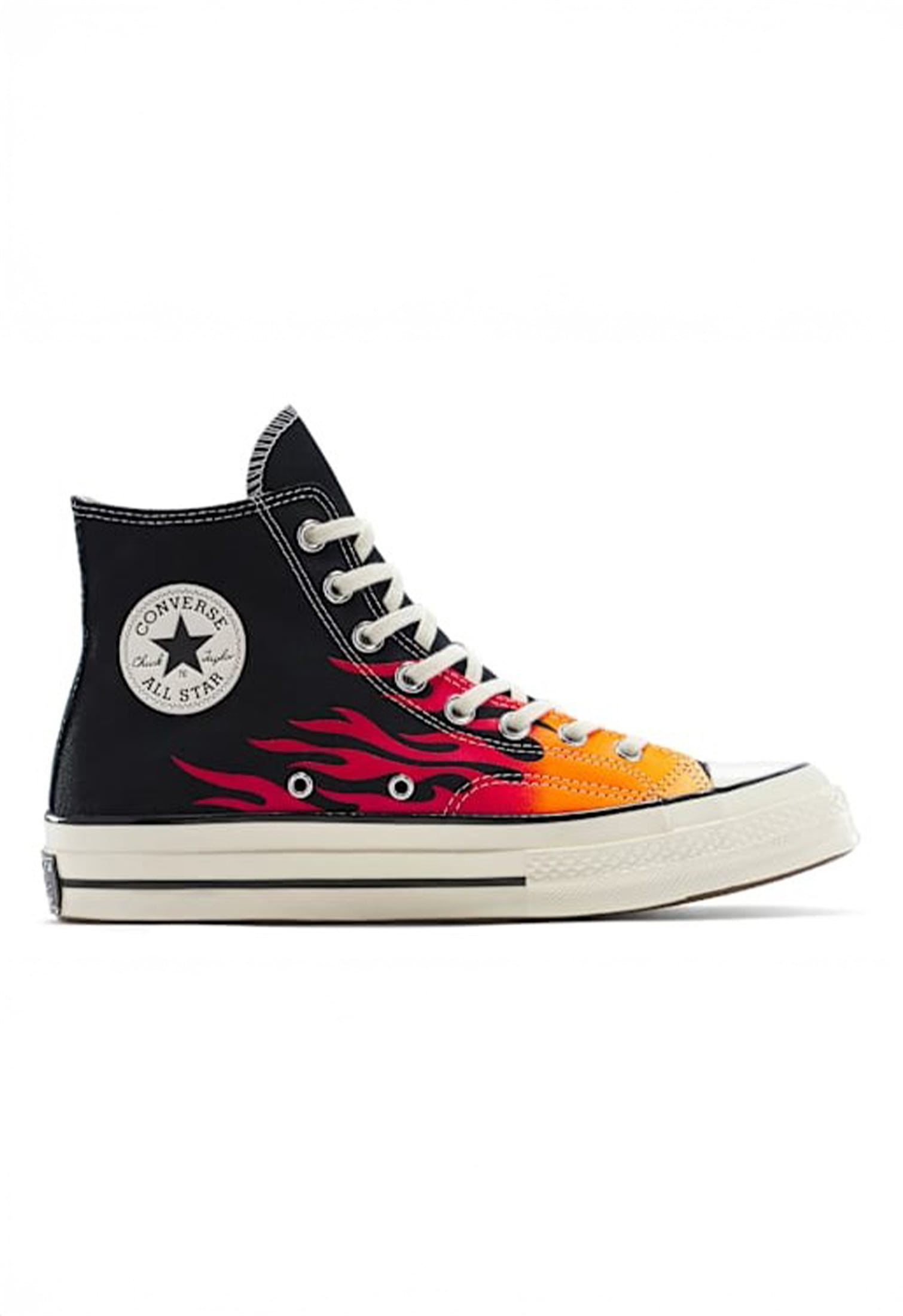 Red flame printed high top canvas sneakers by Converse