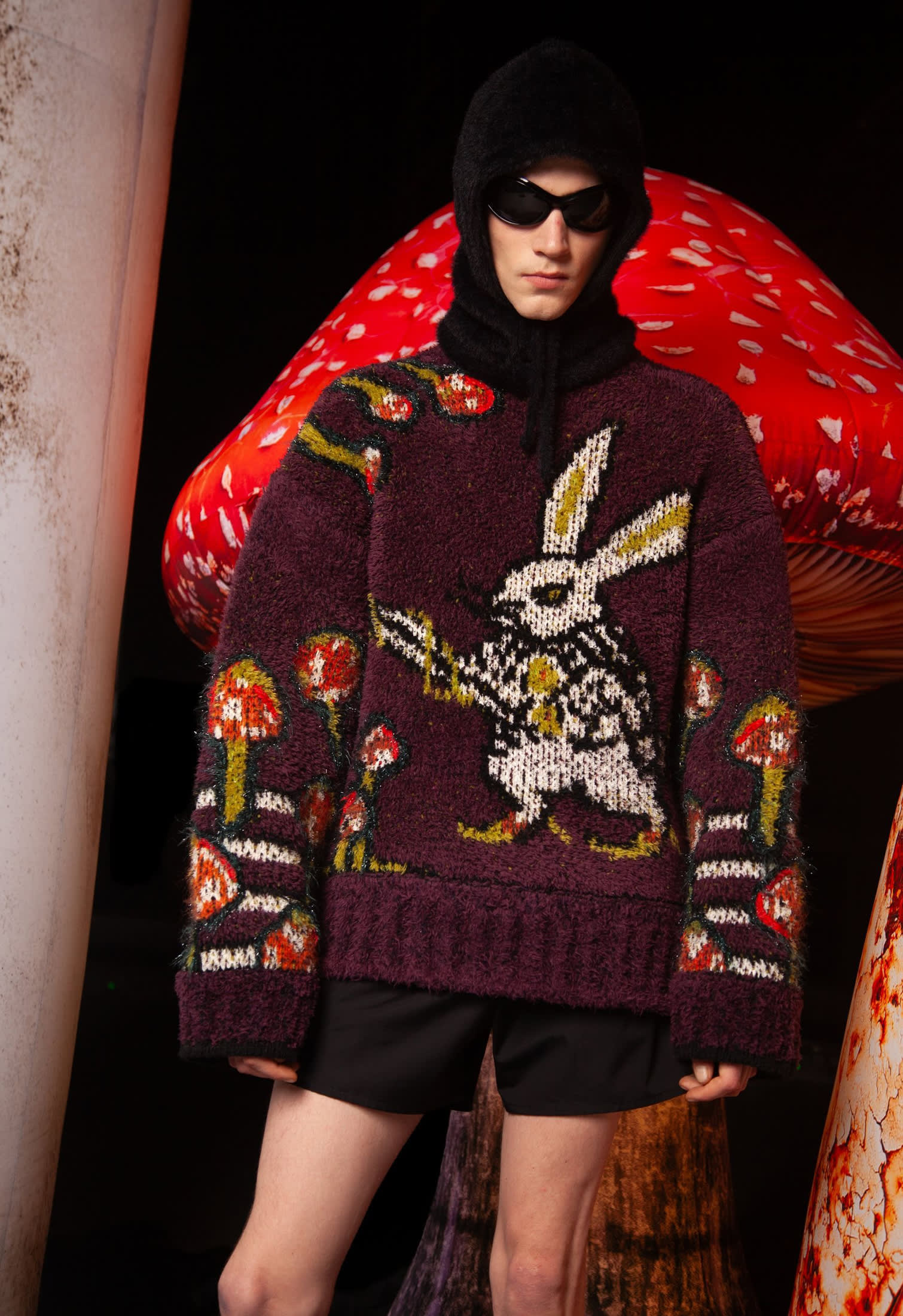 Burgundy knit sweater by MSGM with bunny rabbit and mushrooms