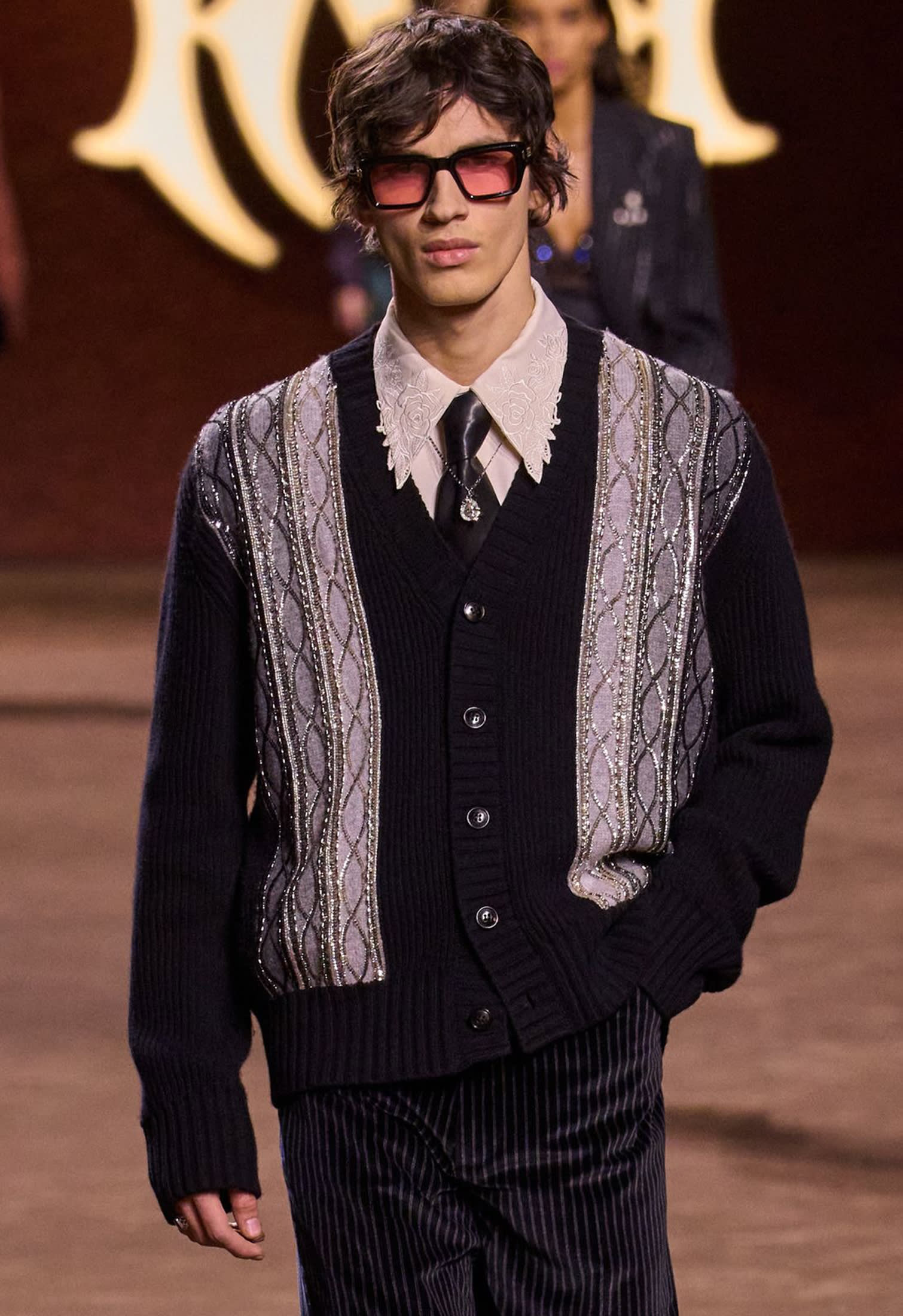 Thick black sunglasses with pink lenses by Amiri